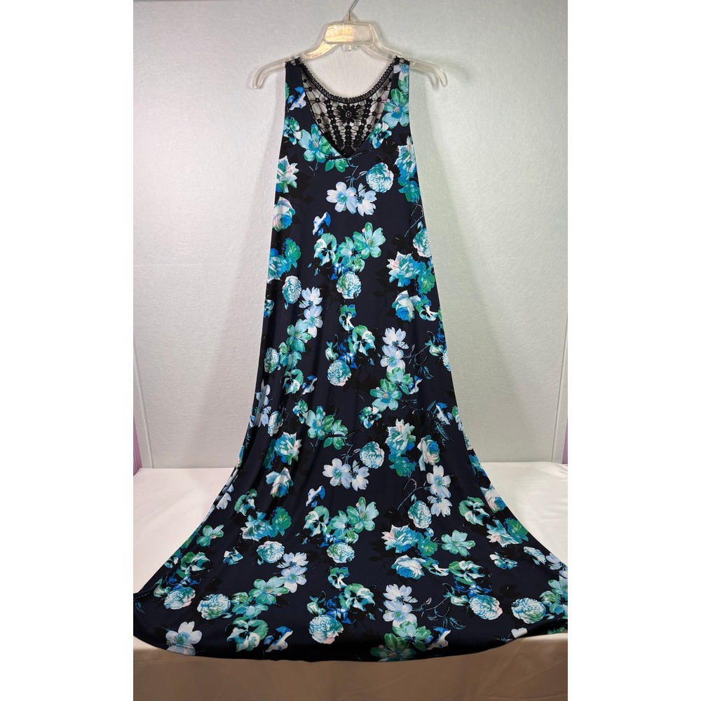 Lane Bryant Floral Maxi Dress Navy Blue Teal Crochet Lace Racerback Womens 14/16